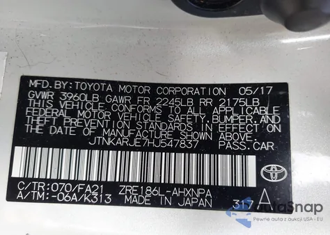 2017 Toyota Corolla Im z USA, uszkodzony, nr VIN JTNKARJE7HJ547837